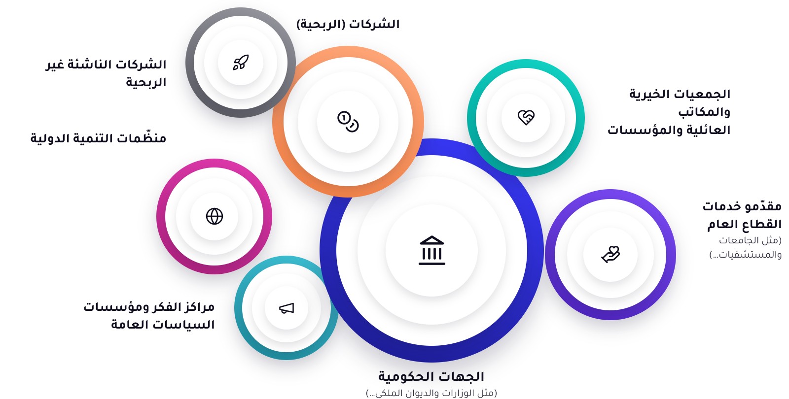 الجهات الحكومية، ومقدّمو الخدمات في القطاع العام، والجمعيات الخيرية والمؤسسات العائلية، والشركات، والمنظمات غير الربحية، ومنظمات التنمية الدولية، ومراكز الفكر ومؤسسات السياسات العامة